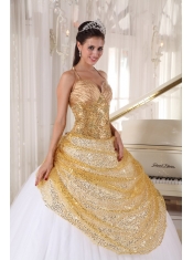 Champagne and White Ball Gown Halter Floor-length Tulle and Sequin Appliques Quinceanera Dress