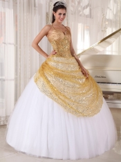 Champagne and White Ball Gown Halter Floor-length Tulle and Sequin Appliques Quinceanera Dress