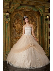 Champagne Ball Gown Strapless Floor-length Appliques Tulle Quinceanera Dress