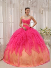 Coral Ball Gown Strapless Floor-length Organza Beading Quinceanera Dress