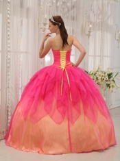 Coral Ball Gown Strapless Floor-length Organza Beading Quinceanera Dress