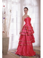 Coral Red A-line / Princess Strapless Floor-length Satin Ruffles Prom Dress