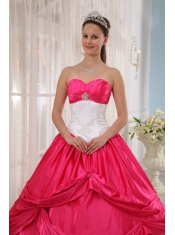 Coral Red and White Ball Gown Sweetheart Floor-length Taffeta Appliques Quinceanera Dress