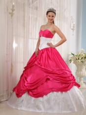 Coral Red and White Ball Gown Sweetheart Floor-length Taffeta Appliques Quinceanera Dress
