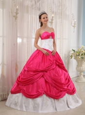 Coral Red and White Ball Gown Sweetheart Floor-length Taffeta Appliques Quinceanera Dress