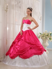 Coral Red and White Ball Gown Sweetheart Floor-length Taffeta Appliques Quinceanera Dress