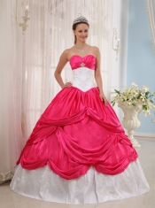 Coral Red and White Ball Gown Sweetheart Floor-length Taffeta Appliques Quinceanera Dress