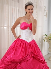 Coral Red and White Ball Gown Sweetheart Floor-length Taffeta Appliques Quinceanera Dress