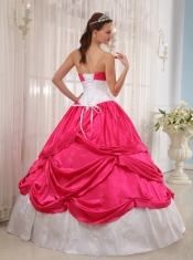 Coral Red and White Ball Gown Sweetheart Floor-length Taffeta Appliques Quinceanera Dress