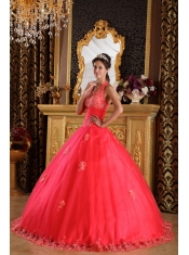 Coral Red Ball Gown Halter Floor-length Appliques Tulle Quinceanera Dress