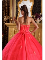 Coral Red Ball Gown Halter Floor-length Appliques Tulle Quinceanera Dress