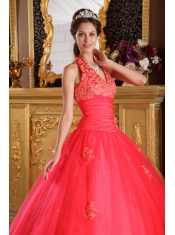 Coral Red Ball Gown Halter Floor-length Appliques Tulle Quinceanera Dress