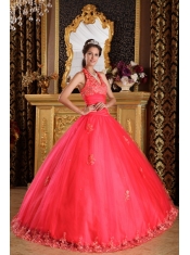 Coral Red Ball Gown Halter Floor-length Appliques Tulle Quinceanera Dress