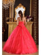 Coral Red Ball Gown Halter Floor-length Appliques Tulle Quinceanera Dress