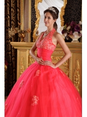 Coral Red Ball Gown Halter Floor-length Appliques Tulle Quinceanera Dress