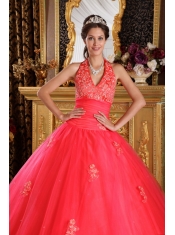 Coral Red Ball Gown Halter Floor-length Appliques Tulle Quinceanera Dress