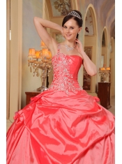 Coral Red Ball Gown One Shoulder Floor-length Taffeta Quinceanera Dress