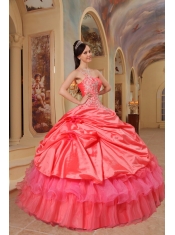 Coral Red Ball Gown One Shoulder Floor-length Taffeta Quinceanera Dress