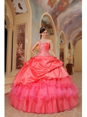 Coral Red Ball Gown One Shoulder Floor-length Taffeta Quinceanera Dress