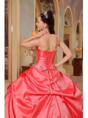 Coral Red Ball Gown One Shoulder Floor-length Taffeta Quinceanera Dress