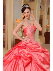 Coral Red Ball Gown One Shoulder Floor-length Taffeta Quinceanera Dress