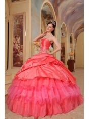 Coral Red Ball Gown One Shoulder Floor-length Taffeta Quinceanera Dress