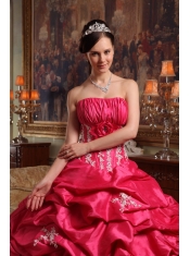 Coral Red Ball Gown Strapless Floor-length Appliques Taffeta Quinceanera Dress