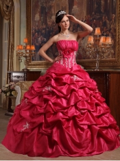 Coral Red Ball Gown Strapless Floor-length Appliques Taffeta Quinceanera Dress