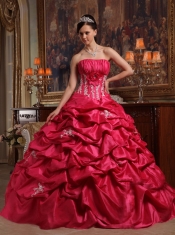 Coral Red Ball Gown Strapless Floor-length Appliques Taffeta Quinceanera Dress