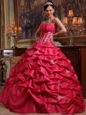 Coral Red Ball Gown Strapless Floor-length Appliques Taffeta Quinceanera Dress