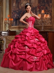 Coral Red Ball Gown Strapless Floor-length Appliques Taffeta Quinceanera Dress