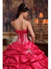 Coral Red Ball Gown Strapless Floor-length Appliques Taffeta Quinceanera Dress