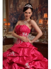 Coral Red Ball Gown Strapless Floor-length Appliques Taffeta Quinceanera Dress