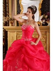 Coral Red Ball Gown Strapless Floor-length Embroidery Organza Quinceanera Dress