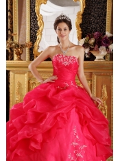 Coral Red Ball Gown Strapless Floor-length Embroidery Organza Quinceanera Dress