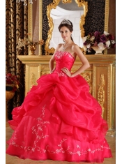 Coral Red Ball Gown Strapless Floor-length Embroidery Organza Quinceanera Dress
