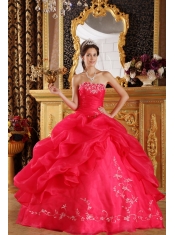 Coral Red Ball Gown Strapless Floor-length Embroidery Organza Quinceanera Dress