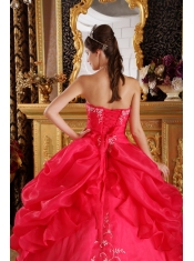 Coral Red Ball Gown Strapless Floor-length Embroidery Organza Quinceanera Dress