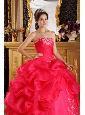 Coral Red Ball Gown Strapless Floor-length Embroidery Organza Quinceanera Dress