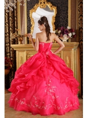 Coral Red Ball Gown Strapless Floor-length Embroidery Organza Quinceanera Dress