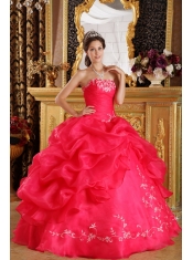 Coral Red Ball Gown Strapless Floor-length Embroidery Organza Quinceanera Dress