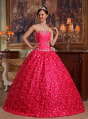 Coral Red Ball Gown Strapless Floor-length Fabric With Roling Flowers Appliques Quinceanera Dress