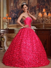 Coral Red Ball Gown Strapless Floor-length Fabric With Roling Flowers Appliques Quinceanera Dress