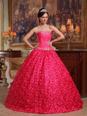 Coral Red Ball Gown Strapless Floor-length Fabric With Roling Flowers Appliques Quinceanera Dress