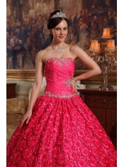 Coral Red Ball Gown Strapless Floor-length Fabric With Roling Flowers Appliques Quinceanera Dress