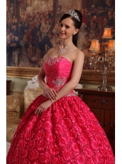 Coral Red Ball Gown Strapless Floor-length Fabric With Roling Flowers Appliques Quinceanera Dress