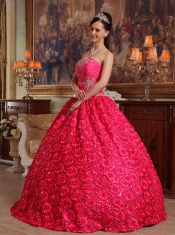 Coral Red Ball Gown Strapless Floor-length Fabric With Roling Flowers Appliques Quinceanera Dress