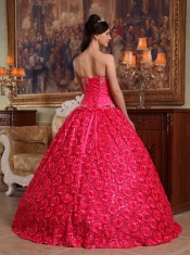 Coral Red Ball Gown Strapless Floor-length Fabric With Roling Flowers Appliques Quinceanera Dress