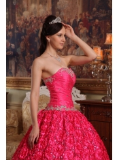 Coral Red Ball Gown Strapless Floor-length Fabric With Roling Flowers Appliques Quinceanera Dress