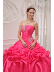 Coral Red Ball Gown Strapless Floor-length Organza and Taffeta Pleat and Beading Quinceanera Dress
